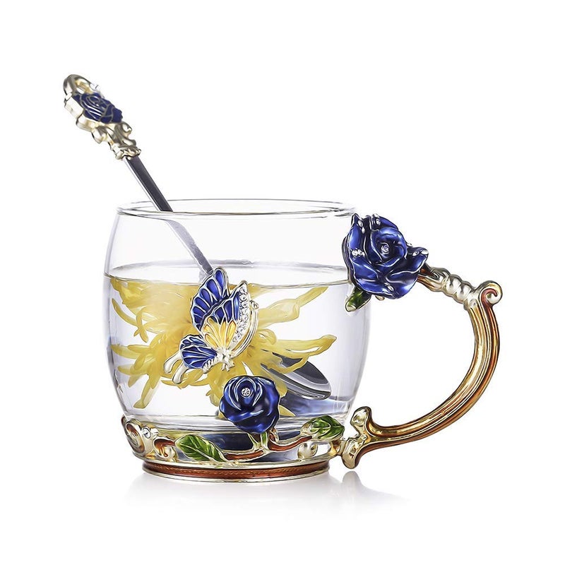 Luka Tech Enamels Butterfly flower Lead-free Glass Coffee Mugs Tea Cup with Steel Spoon, personalised Gifts For Women Wife Mom Friends Birthday Mothers Valentines Day Wedding (Blue) - Image 1